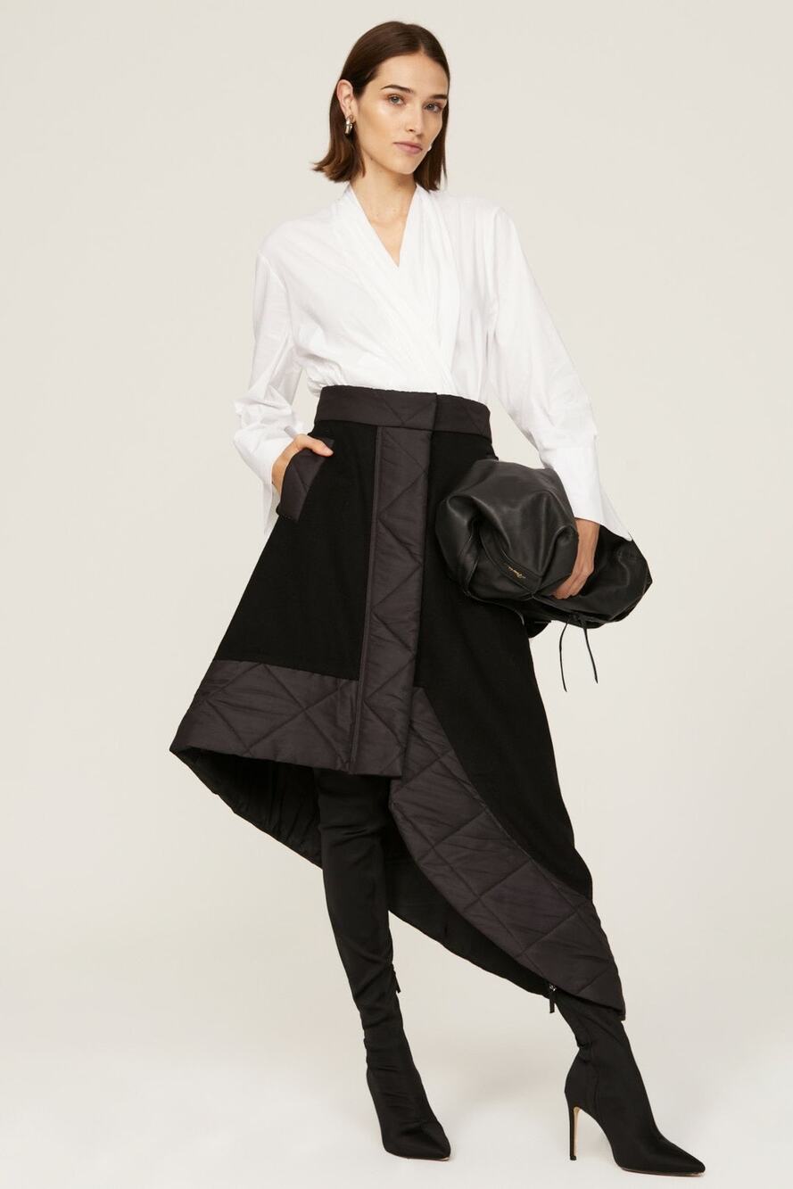 Mossi Black Asymmetrical A-Line Wool Quilted Trim Avant Garde Midi Skirt 12